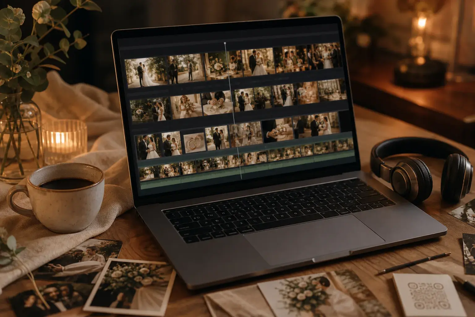 Düğün hashtag rehberi için laptop ekranında video kurgu zaman çizelgesi